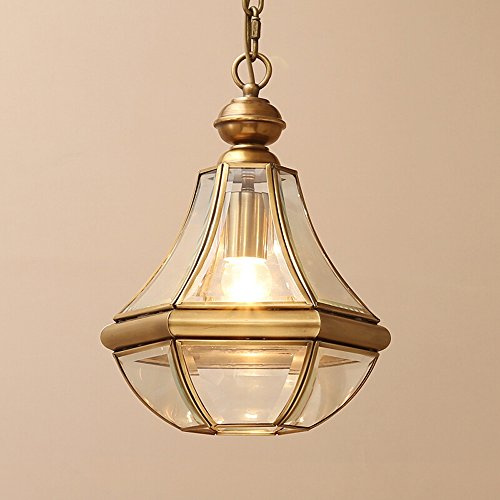 1-Light Pendant Light Downlight American Dressing Room Suspension Lamp Antique Glass Shade Full Copper Aisle Porch Balcony Hanging Lanterns Indoor/Outdoor Waterproof Villa Kitchen Chancelier Lighting