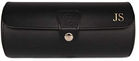 Case Elegance zylindrische Uhrenbox aus Vegan Leder in Schwarz für 3 Uhren (Monogrammiert Schwarz)