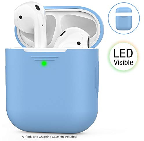 AHASTYLE AirPods Hülle Silikon AirPods Case [Front-LED Sichtbar] Kompatibel mit Apple 2 & 1 (2019) (Ohne Karabiner, Hellblau)