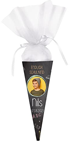 Striefchen® Schultüte mit Foto und Namen Ihres Kindes - eckig, fertig gebastelt Schultafel 28 cm