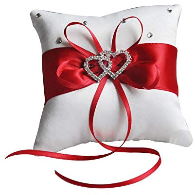 Venus valink Anello Nuziale Cuscino, Raso Strass Doppio Cuore Nastro Fiocco Decorazione Cuscino Portatore delle FEDI, Romantico Casa Cerimonia Festa Forniture - Rosso, 20 * 20CM