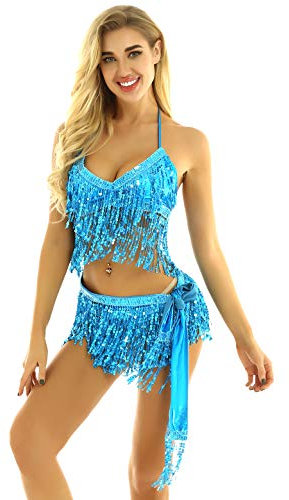Agoky Damen Pailletten Bauchtanz Kostüm Set Sexy Neckholder Top Bra und Fransen Wickelrock Tanzrock Fasching Karneval Verkleidung Türkis Einheitgröße