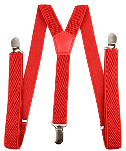 irisaa - Bretelle da donna a forma di Y, per pantaloni da lavoro o pantaloni da sci, in tinta unita, con 3 clip spesse, larghezza 2,5 cm, Colore: rosso, Taglia unica