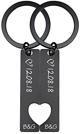 Porte-clés Personnalisables Ensemble de Porte-clés pour Couples Porte-clés en Forme de Coeur Puzzle avec Nom et Date Porte-clef en Acier au Titane en Acier Inoxydable 2 Pièces