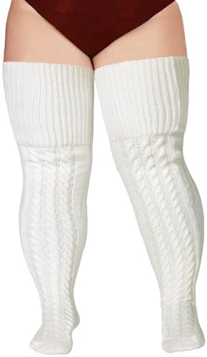 Moon Wood Overknees Strümpfe Damen Große Größen Extra Lange Strick Thigh High Socks Dicke Warme Überknie Kniestrümpfe Damen Wolle mit Garter Weiß