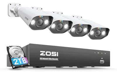 ZOSI 4K PoE Überwachungskamera Set mit 8CH 2TB HDD NVR und 4X 8MP Outdoor PoE IP Kamera, Personenerkennung, Farbe Nachtsicht, Flutlicht Außen Smart Videoüberwachung System