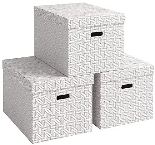 VON Leitz Uppsättning av 3 förvaringslådor med lock, 46 L, extra stor, 100% återvinningskartong, geometrisk design, för skola, studier och hushåll, vit, 3 stycken, 61420001