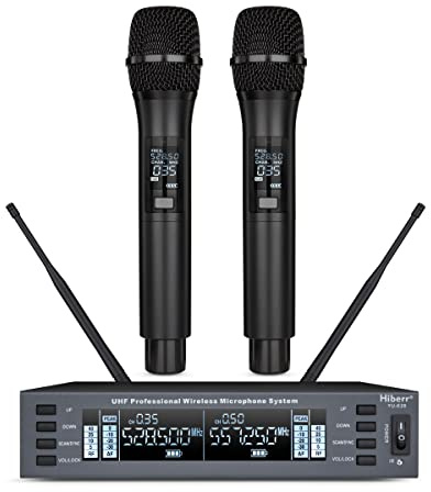 Hiberr Microfono wireless vocale, microfono wireless UHF a doppio canale, 2 x 60 frequenze regolabili, portata 90 m, per canto, piccoli concerti, esibizioni DJ (YU-E20H)