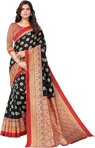 IMTRA FASHION Sari De Seda De Arte Impreso Negro Tradicional Indio Con Pieza De Blusa-SELENA BLACK