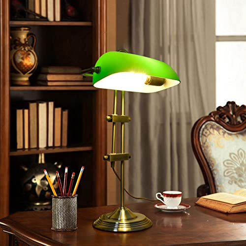AIBOTY Lampe Banquier Traditionnelle Américaine Lampe de Bureau Vintage en Verre Vert à Hauteur Ajustable pour étude lecture chambre salon chevet, 21,3 pouces de hauteur