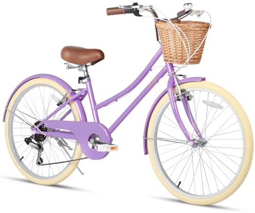 Glerc Missy 20 24 26 Inch Girls Bike Cruiser Hybrid 6-Speed City Bicycle for Women Ladies & Youth with Wicker Basket & Kickstand, Multiple Colors