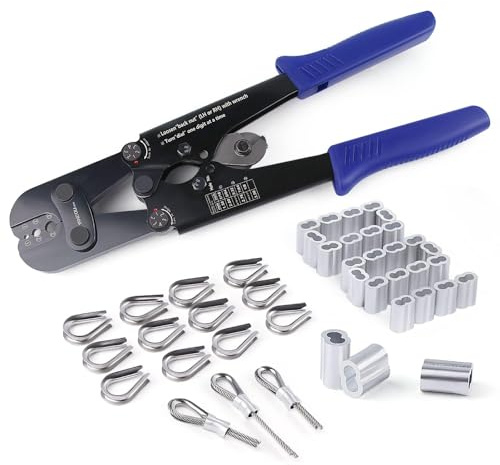 Yangoutool Wire Rope Crimping and Cutting Kit: Suitable for 1/16inch (1.59mm) to 1/8inch (3.18mm) Steel Cable Swaging, Includes 100pcs 1/8inch Aluminum Double Barrel Sleeves and 50pcs M3 Loop Thimbles