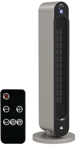 HOMCOM Stufa Elettrica Oscillante a 3 Modalità di Riscaldamento, Termoventilatore con Temperatura Regolabile e Telecomando, in ABS, Ø25x73.5 cm, Argento