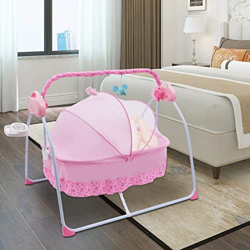 Chaise à bascule musicale pour bébé - Balançoire électrique avec 5 vitesses intégrées - 12 morceaux de musique pliable - Télécommande - Moustiquaire respirante - Rose