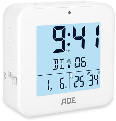 ADE Funkwecker digital mit Batterie | 2 Weckzeiten | Temperaturanzeige | Luftfeuchtigkeit | Reisewecker | Funkuhr mit DCF Zeitsignal | Schlummerfunktion | weiß
