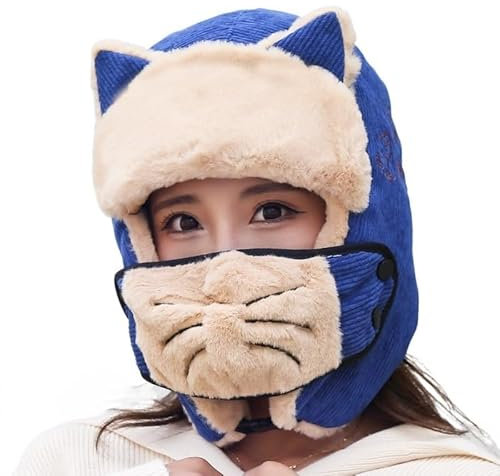 Winter Fliegermütze Bomber Hüte Weibliche Katze Nette Herbst Radfahren Maske Winddicht Schutz Gesicht Winter Kalt Warm Baumwolle Hut Mit Ohren Frauen Trappermütze für Snowboarden Skaten Radfahren ( Co