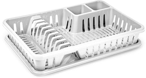 CABLEPELADO Escurreplato de plastico, Escurridor de Platos, Escurridor Fregadero 2 módulos, con Bandeja Anti-Goteo, Plástico, 44 cm de Ancho x 29 cm de Fondo x 7 cm de Altura, Blanco Crudo