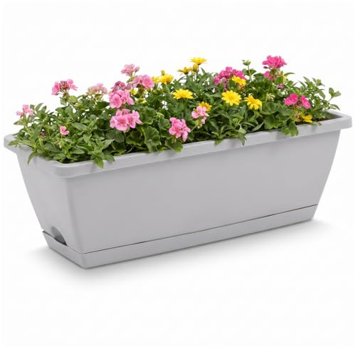 DKIEI 5 Pcs Large Flower Planter Outdoor Plastic Vegetable Plant Pot With Drainage Holes & Tray, Rectangle Trough Planters For Succulent & Herbs, Window Long Pots For Balcony (Pale 42.5 * 17 * 15Cm)