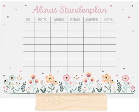 Stundenplan mit individuellem Motiv & Namen, abwischbar, Geschenk zur Einschulung - optionaler Holzaufsteller, DIN A4 mit Stift (Blumenwiese transparent)
