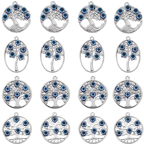 SUNNYCLUE 1 scatola 16 pezzi Ciondoli Albero Dellsa Vita Sfuso Ciondolo Albero In Argento Stile Tibetano Lega di Metallo Grande Pianta Fortunata con Ciondolo Malocchio per Creazione di Gioielli Ciondo