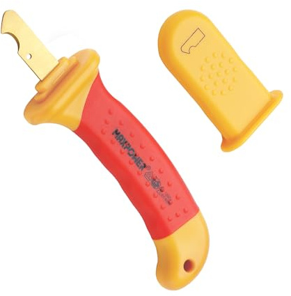 MAXPOWER VDE 1000V isoliertes Kabelmesser für Elektriker, Abisoliermesser mit Hakenklinge, Klinge Titan Nitrid beschichtet, treue Tiefe 28mm, Elektriker-Abmantelungswerkzeug, Größe 155mm