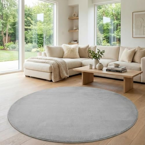 Jimri Flauschiger Teppich Läufer - Hochwertiger Kurzflor für Zuhause, Büro, Küche, Eingang, Flur, Wohnzimmer - Maschinenwaschbar - Rutschfester Teppich Waschbar - 120 cm Rund - Silber