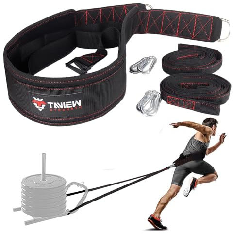 TAVIEW Sled Pulling Belt with Adjustable Closure, 2 Sled Pulling Straps & 4 Hooks – Ideal for Resistance Training, Strength, Agility, and Multi-Directional Pulling (Black & Red)