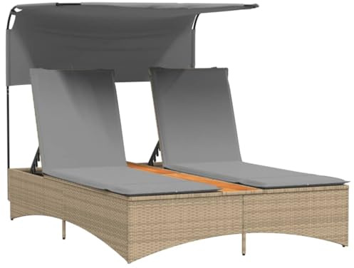 vidaXL Doppel-Sonnenliege mit Dach und Auflagen Beige Poly Rattan