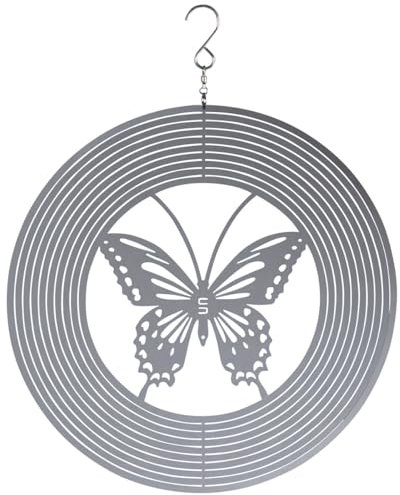 Windspiel aus Edelstahl in Silber hängende Fensterdekoration - Wetterfestes Metall Windspiel mit 7cm Hänger als Gartendeko für Balkon und Garten - Klangspiel und Sonnenfänger mit Schmetterling