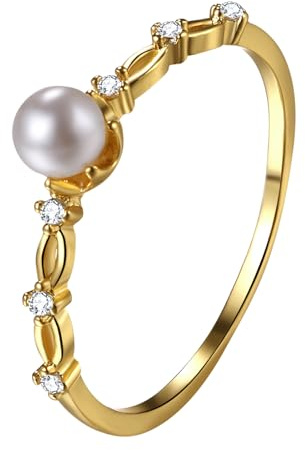 JewelryWe Damen Ring Vergoldet mit Perlen Gold Elegant Perlenring Weiße Runde Süßwasserperle Zirkonia Fingerring Stapelbare Verlobungsringe Eheringe Trauringe für Frauen