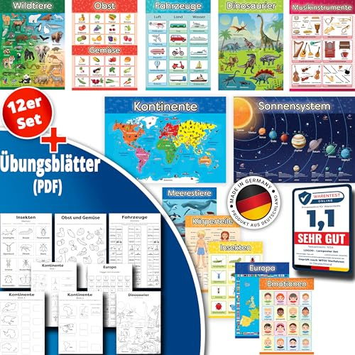 LOGIJO® 12 X pädagogische Montessori Lernposter - Set A4 mit Übungsblättern - Extra Premium Poster Papier seidenmatt - Lerngrundlagen 2 - Lernhilfe für Kinder der Vorschule und Grundschule