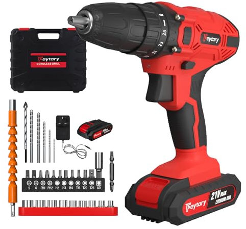 Cordless Drill Driver, 21V Electric Drill Kit with 0-1400RPM Adjustable Speed, 25+1 Torque Settings Cordless Power Drills with 3 in 1 Strong Combi, 3/8'' Keyless Chuck, LED Light for Car/Table (2.0Ah)