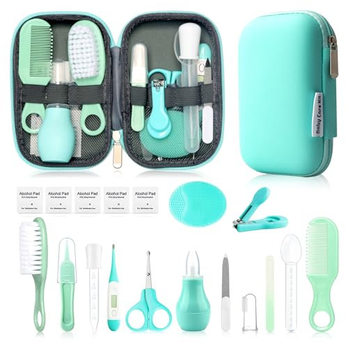 Qunlions life Baby Gesundheitswesen und Pflegeset, Säuglingssicherheitspflege Set mit Haarbürste, Kamm, Nagelknipser, Baby Essentials Kit für Neugeborene Mädchen Jungen (Grün 14 in 1)