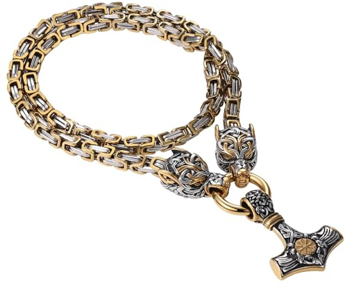 OIDEA Herren Wikinger Halskette mit Königskette: Schwer Punk Rock Wolfskopf Thors Hammer Anhänger Wolf Kopf Odin Bärenklaue Nordisch Viking Schmuck Geschenk für Männer Freund Vater