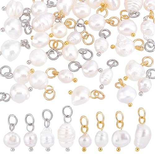 PH PandaHall 32pz 4 Stili Ciondolo Perla D'Acqua Dolce Pendenti con Anelli in Ottone Perle Naturali Ciondoli per Collana Bracciale Orecchini, 13~18mm
