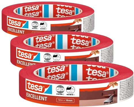 Tesa Excellent Ruban de Masquage pour Peinture avec Support en Papier Fin - Pour Toutes les Peintures, Vernis et Laques - Pour Usage Intérieur - 50 m x 19 mm Rouge (Lot de 3)