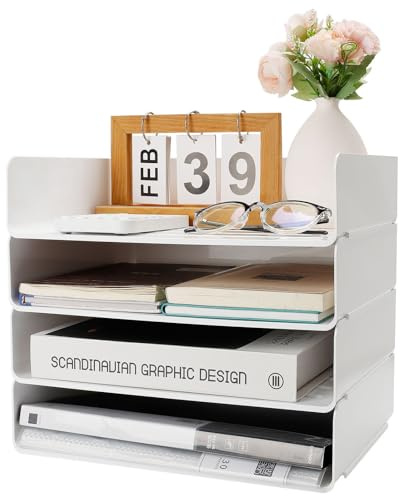 Aevcvok Lot de 4 Corbeille a Courrier Empilable - Bac a Courrier A4 Blanc en Pet - Banette Bureau - Rangement Bureau, Maison, École