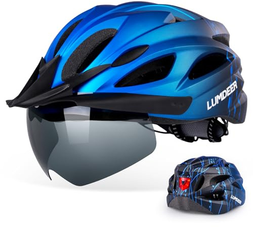 LUMDEER Adult Bike Helmet for Cycling & Commuting, Bicycle Helmet with Rear LED Light & Magnetic Goggles & Removable Sun Visor, Mountain and Road Bicycle Helmets for Men and Women 3 in 1
