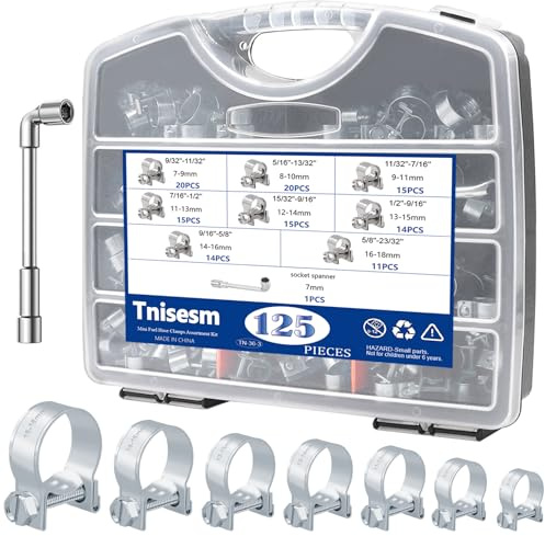 Tnisesm 125PCS Mini Fuel Injection Hose Clamps Adjustable 9/32-23/32 Dia 7-18mm 304 Stainless Steel Fuel Line Clamps Assortment Kit, for Automotive Diesel Petrol Pipe with Socket Spanner