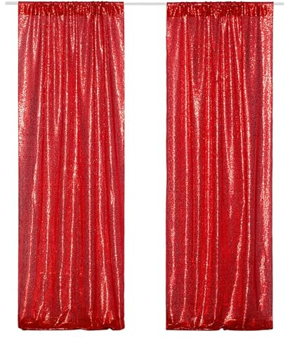 3E Home Lot de 2 rideaux à paillettes rouges pour décoration de fête d'anniversaire ou de Noël 60 x 240 cm