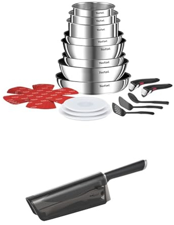 Lot de Tefal Ingenio Batterie de cuisine 20 pièces Poêles, Casseroles, 2 poignées amovibles, Induction,Empilable, L897SK04 + Tefal Couteau de chef 16,5 cm, Aiguiseur intégré, Inox, Ever Sharp K2579104