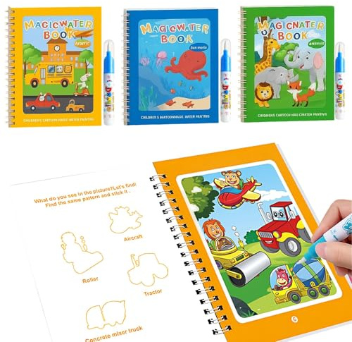 PangWuu 3 Stück Wassermalbuch Set, Water Coloring Book, Malbuch mit Wasserstift Wasserzauber Malbuch Für Kinder ab 3 Jahren, Ideal für Reisen und Lernen, Endloser Malspaß mit Water Wow-Technologie