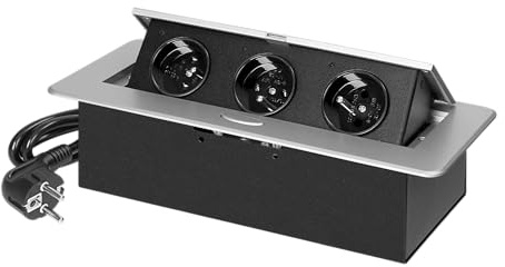Miratic Prise Encastrable Plan de Travail en Aalliage Zinc-Acier Max. Charge 3680W Multiprise Bureau avec 3 Prises Type E avec Bord 2,5 mm et Câble 1,5 m (argent)