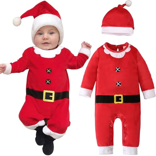 Ninivi Tutina Babbo Natale Neonato, Adorabile Vestito Babbo Natale Neonati, Il Mio Primo Completo di Baby, pagliaccetto Neonato Natales + Cappello Babbos Natales Neonata (12-18 Mesi)
