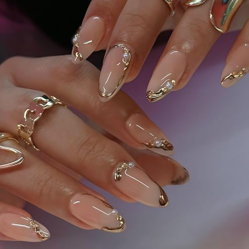 Auroriel 24 Stück Mandel Press On Nägel French Tip mit Gold Linie Design Wiederverwendbar Glänzende Acryl Vollcover Künstliche Nägel Medium Länge Maniküre Set