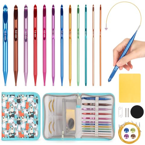 Aeelike Tunesische Häkelnadel mit Seil Austauschbar, 3,0-10mm Tunesische Häkelnadel Set, 12 Metall Tunesisch Häkeln Set Interchangeable, 40cm/60cm/80cm/100cm Tunisian Crochet Hooks für Anfänger | Buntes tunesisches Häkelnadel-Set mit 4 Kabeln, 3,0 mm – 10,0 mm, für lange Deckenschals, ideales Geschenk