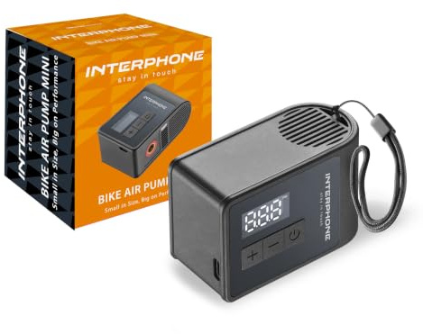 INTERPHONE Bike Air Pump - Compresor Mini portátil para Bicicleta, soporta hasta 120 PSI, función de Parada automática, Doble Pantalla LCD, con Sensor de presión de Alta precisión