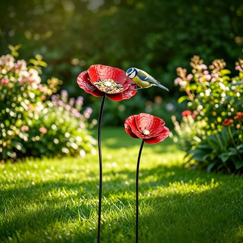 Lot de 2 décorations de jardin classiques en métal avec coquelicots multicolores - Décoration de jardin pour le printemps et l'été - Design durable et résistant aux intempéries - Rouge