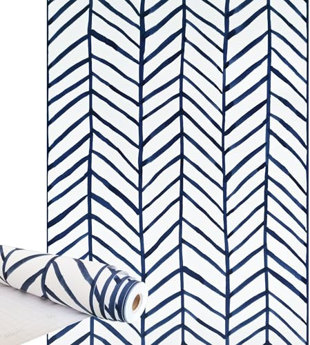 Qenlup Herringbone Wallpaper 44x300cm Blue and White Self Adhesive Geometric Striped Textured Contact Paper for Living Room Bathroom Kitchen