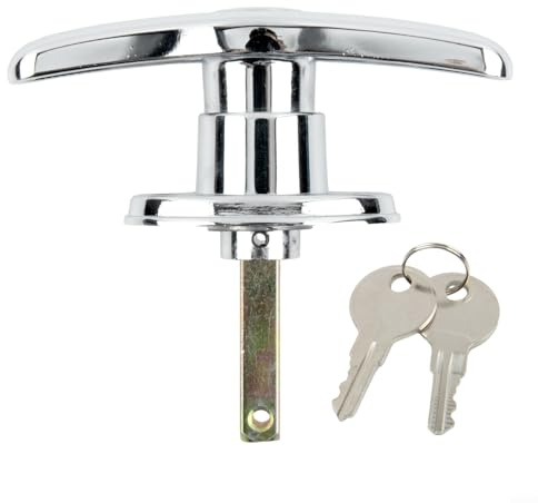 Serrure de porte de garage Poignée en T arrière fixe avec clés identiques pour caravane, abri de jardin, camping-car, serrure de porte en métal étanche de type T, argenté
